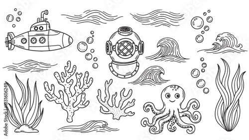 Hand-drawn set of cute underwater elements including a submarine, octopus, diving helmet, coral, and waves in a black and white doodle sketch style for creative design