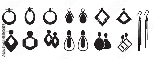 Collection of black silhouette earring icons featuring various geometric and modern designs like hoops, drops, and dangles for fashion and beauty concepts