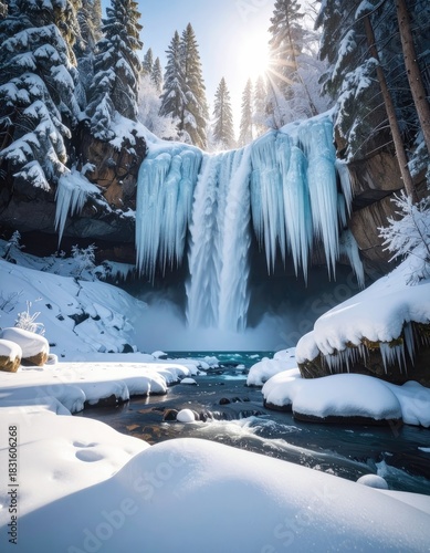 Wallpaper Mural A stunning, sunlit winter waterfall cascading amongst massive blue icicles and snow-covered pine forests. Torontodigital.ca