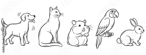 Set of cute pet animals including a dog, cat, hamster, parrot, and rabbit, hand-drawn in a simple black and white line art style for a charming and friendly feel