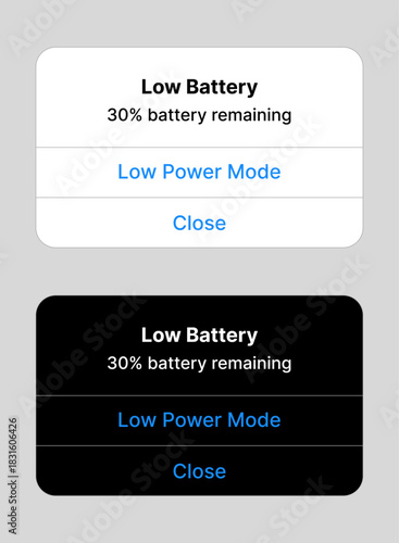 Low battery notification interface vector design template editorial.