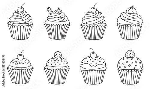Eight black and white line art cupcakes with various toppings like frosting, sprinkles, and cherries, presented in a simple, clean, hand-drawn doodle style collection