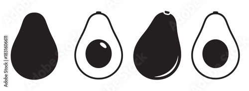 Set of four black avocado icons showing whole fruit and halves with pits in a simple, minimalist graphic style for healthy food concepts