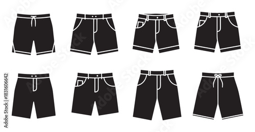 Collection of black men's shorts icons showing various styles of summer casual wear, including athletic, denim, and cargo designs in a simple glyph vector illustration set