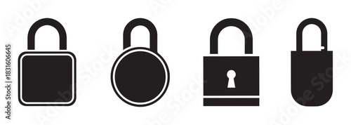 Set of four black padlock icons in various shapes, including square and round, representing security, privacy, and protection in a minimalist flat vector graphic style