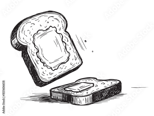 Buttered toast slice falling butter side down in a hand-drawn black and white sketch illustrating Murphy's Law and the concept of bad luck or misfortune in a simple graphic style