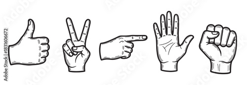 Set of five hand gestures showing different signs like thumbs up, peace, pointing, stop, and a clenched fist in a black and white doodle illustration style