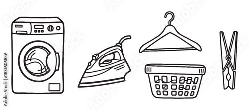 Set of hand-drawn laundry equipment icons including a washing machine, iron, hanger, basket, and clothespin in a simple black and white line art style for household chores