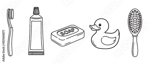 Set of hand-drawn bathroom items including a toothbrush, toothpaste, soap, rubber duck, and hairbrush in a minimalist black and white line art style for personal hygiene concepts