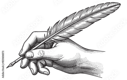 Hand holding a vintage feather quill pen in a classic black and white engraving style, illustrating concepts of literature, history, poetry, and calligraphy