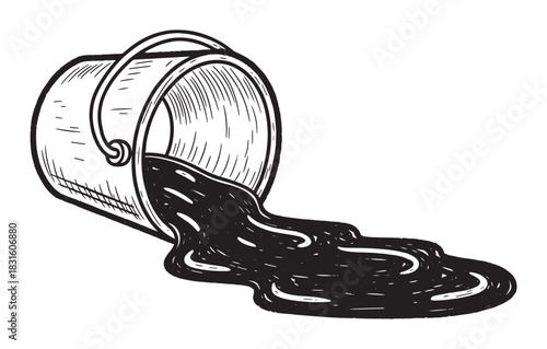 Hand-drawn tipped over paint bucket spilling thick black liquid in a vintage woodcut style illustration with detailed hatching and bold outlines creating a messy scene