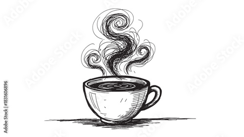 Hand-drawn black and white sketch of a steaming hot coffee cup with swirling vapor, rendered in a loose, scribbled ink doodle style with expressive cross-hatching details