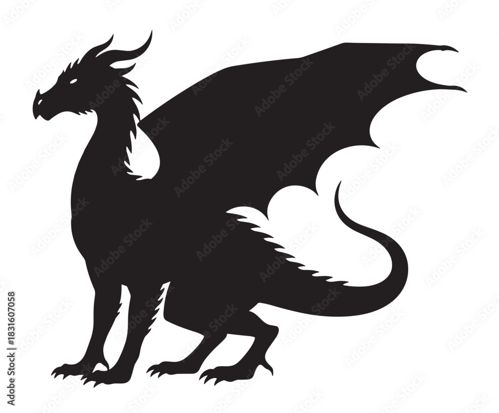 Fototapeta premium Black dragon silhouette with large wings and a long tail stands in a powerful side profile pose, representing a mythical creature from fantasy folklore and heraldry