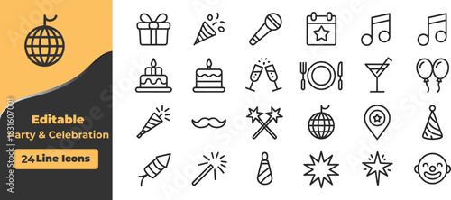 Party and celebration line icons on white background birthday gift