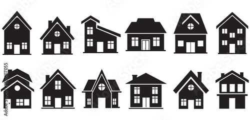 Twelve black house and home icons in a simple silhouette style, showing a variety of residential building designs for real estate and property representation