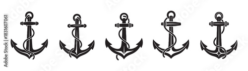 Set of five black anchor icons with ropes in a simple silhouette style, representing nautical and maritime themes for graphic design elements or logo creation