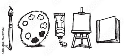 Set of hand-drawn art supplies including a paintbrush, palette, paint tube, easel, and sketchbook in a black and white doodle style for creative concepts and hobbies