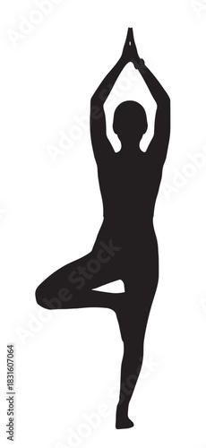 Black silhouette of a woman practicing yoga in the tree pose, a standing asana that improves balance and concentration, representing wellness, fitness, and mindfulness