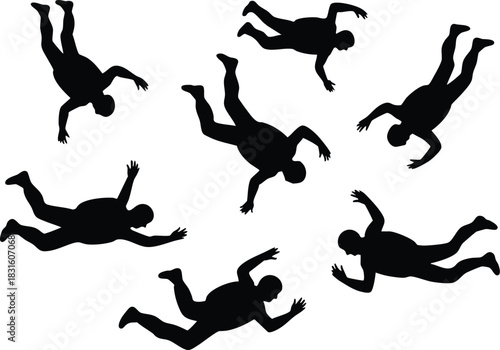 People Falling or Skydiving Silhouettes, Multiple Figures in Freefall, Abstract Silhouettes of Falling People, Skydiving Vector Icons, illustration, silhouette, vector.