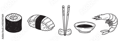 Hand-drawn sushi food collection including a maki roll, nigiri, chopsticks, soy sauce, and shrimp, presented in a simple monochrome sketch illustration