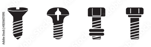 Set of four black screw and bolt icons showing different types of fasteners in a simple, minimalist graphic style for construction and hardware concepts