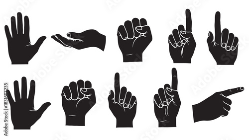 Black hand gesture icons and silhouettes set showing various positions like pointing, fist, open palm, and cupped hand in a minimalist graphic vector illustration style