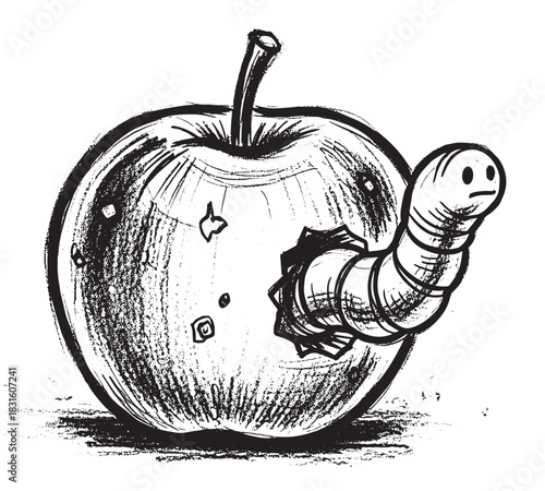 Sad cartoon worm emerging from a rotten apple in a black and white hand-drawn illustration with a rough, sketchy, and textured artistic style representing decay and problems