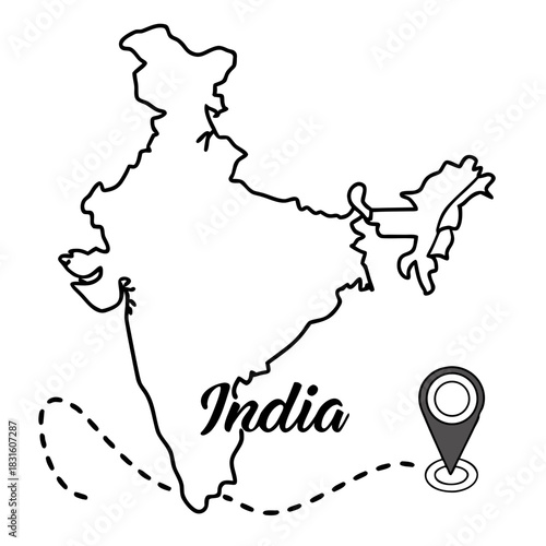 Black-and-white outline map of India showing the northeastern states, with the word **India** in stylized cursive across the south and a location-pin icon southeast linked by a dashed line.