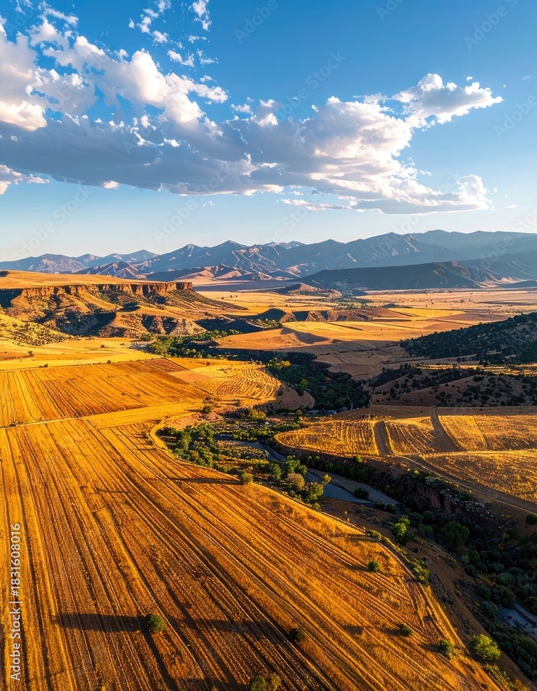 Fototapeta Golden Hour Aerial View of Arid Farmland Leading to Distant Mountains Under a Cloudy Sky