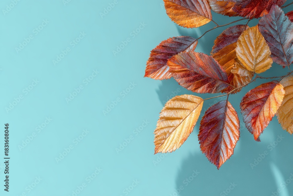Fototapeta premium Colorful autumn leaves resting on a light blue background showcasing nature's beauty in a simple yet elegant display during fall