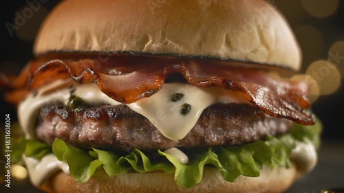 Mouthwatering Burger with Bacon, Cheese, and Fresh Lettuce on a Bun