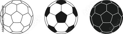 Three distinct soccer ball illustrations: outline, classic black and white, and solid black, showcasing the iconic polygonal pattern.