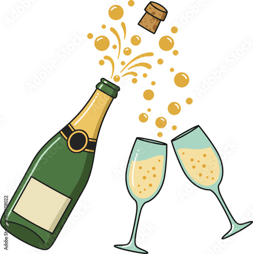 A cartoon illustration of a champagne bottle popping its cork with two glasses ready for a festive toast.