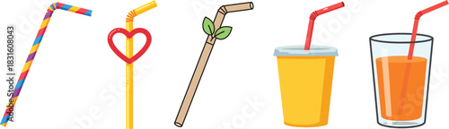 A collection of different drinking straws and beverages, including colorful, heart-shaped, and eco-friendly options.