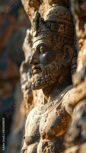 Wallpaper Mural Intricately detailed close-up of an ancient stone relief sculpture featuring a bearded male figure with a crown. Torontodigital.ca