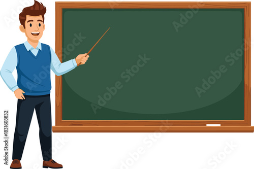 Teacher explaining lesson on chalkboard classroom scene with pointer stick, education training concept, cad drawing flat vector illustration