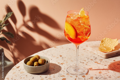 Enjoy a refreshing Aperol spritz with olives on a sunny terrazzo table, perfect for summer celebrations and vibrant lifestyle content that evokes happy hour vibes