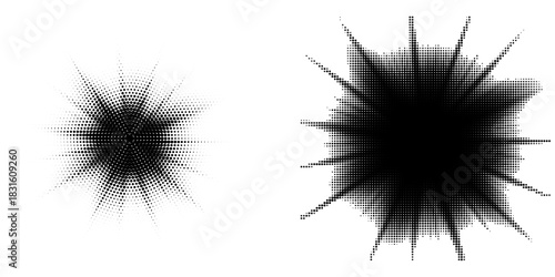 Halftone gradient circles collection. Dots textured round patterns. Cartoon comic radial faded background set. Abstract pixelated elements for frame, poster, collage, banner, flyer.