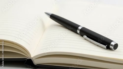 Black pen resting on open lined notebook in soft focus