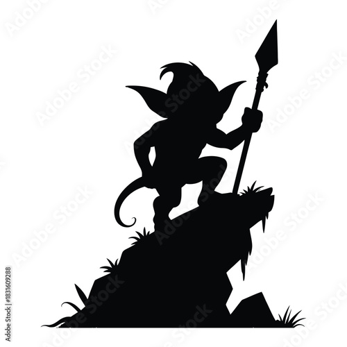 Goblin perched on rock with spear Vector, Silhouette, Illustration