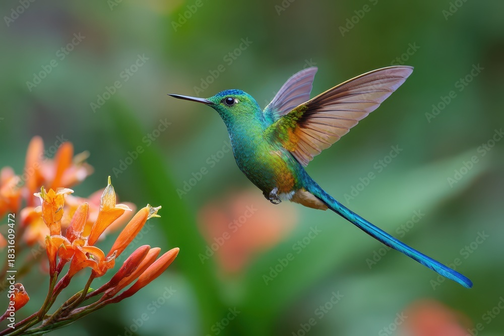 Fototapeta premium Hummingbird Longtailed Sylph Aglaiocercus kingi hovering near vibrant orange flowers in a lush tropical environment