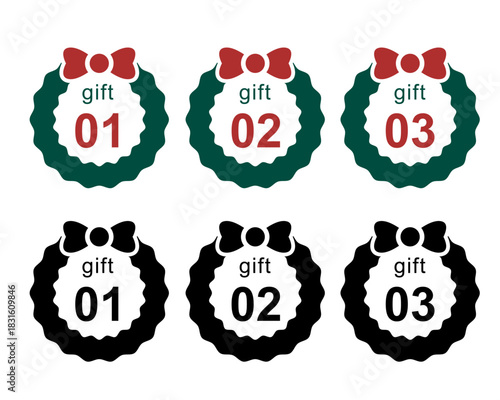 「ギフト01, 02, 03」文字入り！クリスマスリース（聖誕花圈）アイコンセット クリスマス特典・ギフトオプションに使えるリースとリボンのベクターイラスト 贈り物(あしらい シンプル 飾り 装飾 ベクター 編集可能)　Christmas Wreath Gift Icons