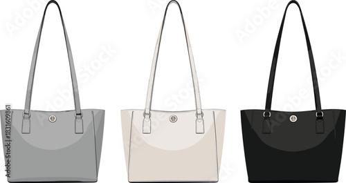 Elegant handbag collection with long straps in neutral colors for fashion design and branding, cad drawing flat vector illustration