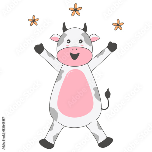 Baby Cow Character with Cartoon Design. Vector Illustration.