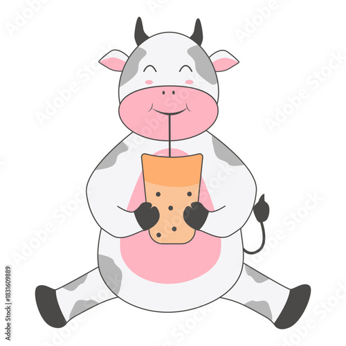 Baby Cow Character with Cartoon Design. Vector Illustration.