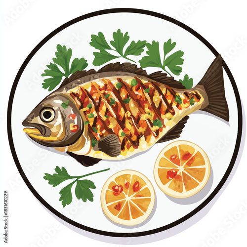 Deliciously Grilled Whole Fish Served with Lemon Slices and Parsley
