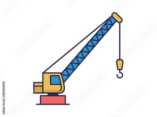 A yellow and blue construction crane with a hook is shown against a white background.