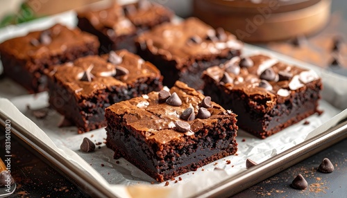 Decadent, fudgy chocolate brownies generously topped with chocolate chips, freshly baked on a tray.