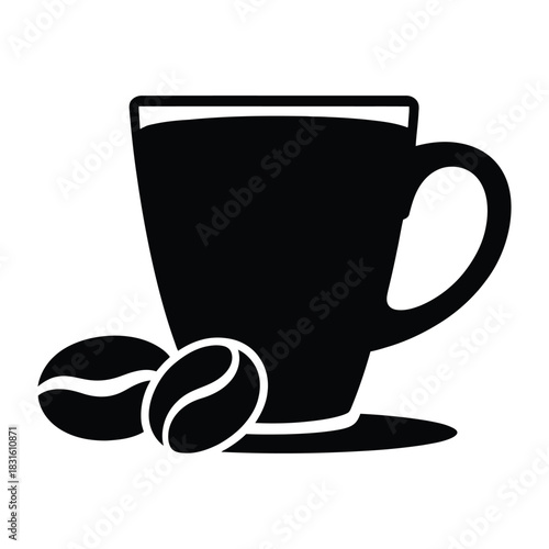 Coffee beans beside glass Vector, Silhouette, Illustration