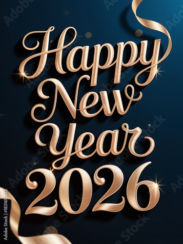 Elegant happy new year 2026 celebration with golden lettering and ribbon